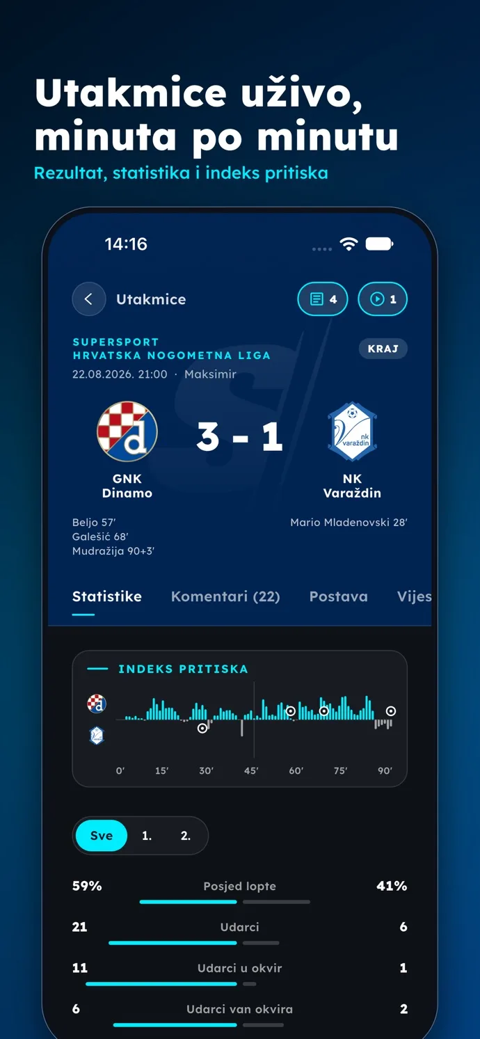 GNK Dinamo aplikacija — Utakmice uživo, minuta po minutu